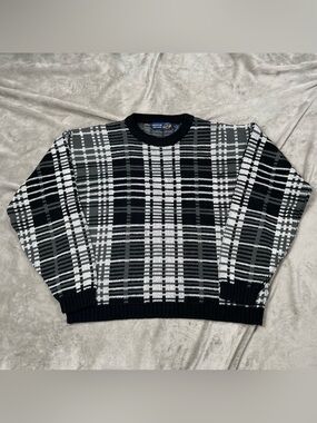 Vintage American Weekend Sweater Mens L White/Black Pullover Jumper Boxy 90s